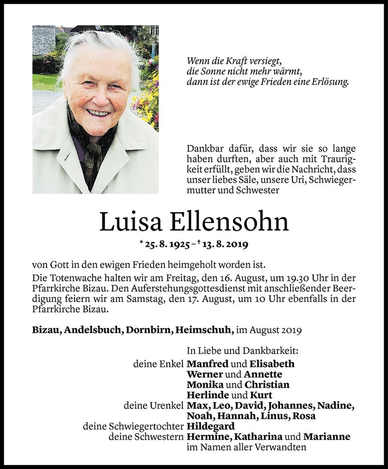  Todesanzeige für Luisa Ellensohn vom 14.08.2019 aus Vorarlberger Nachrichten