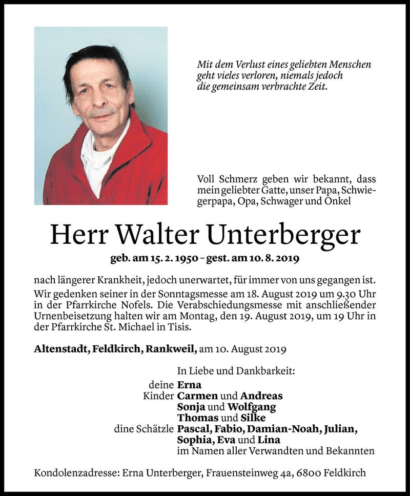  Todesanzeige für Walter Unterberger vom 14.08.2019 aus Vorarlberger Nachrichten