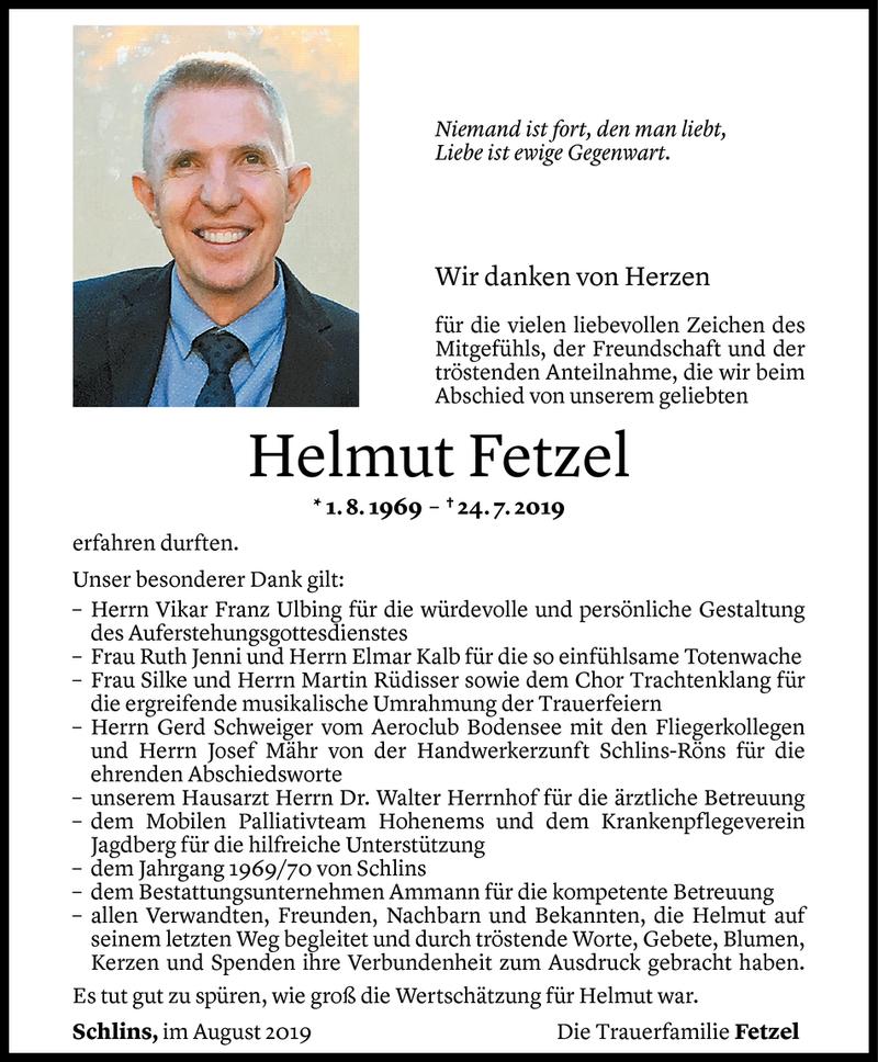  Todesanzeige für Helmut Fetzel vom 15.08.2019 aus Vorarlberger Nachrichten