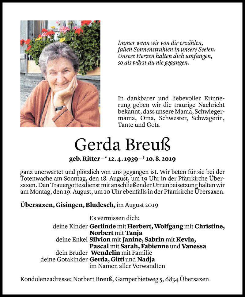  Todesanzeige für Gerda Breuß vom 14.08.2019 aus Vorarlberger Nachrichten