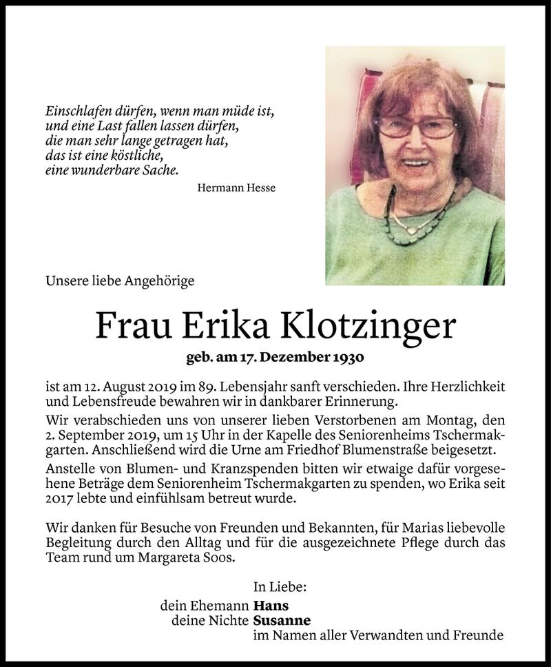  Todesanzeige für Erika Klotzinger vom 28.08.2019 aus Vorarlberger Nachrichten
