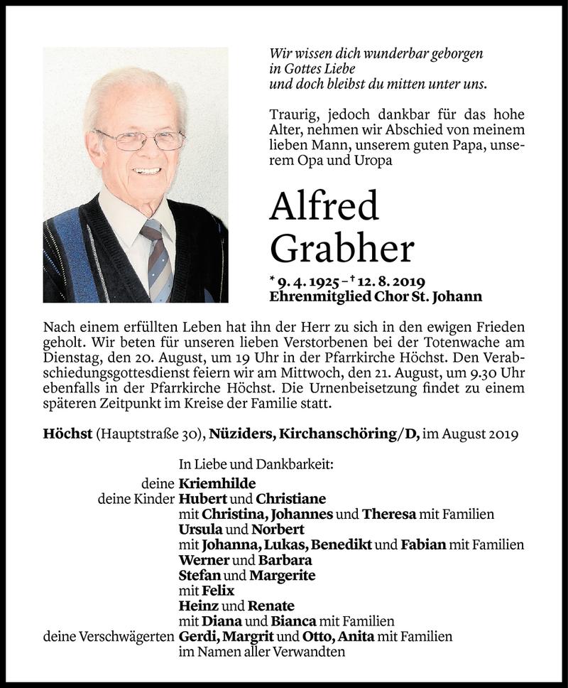  Todesanzeige für Alfred Grabher vom 16.08.2019 aus Vorarlberger Nachrichten
