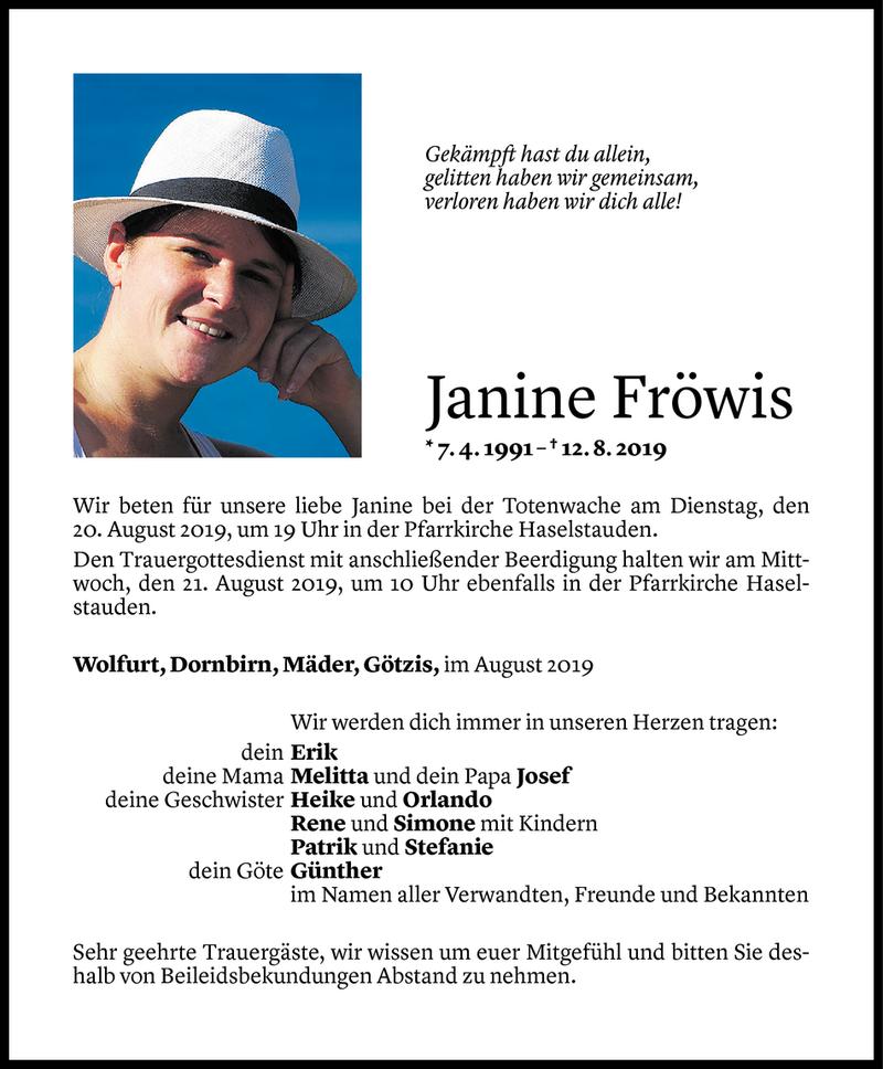  Todesanzeige für Janine Fröwis vom 16.08.2019 aus Vorarlberger Nachrichten