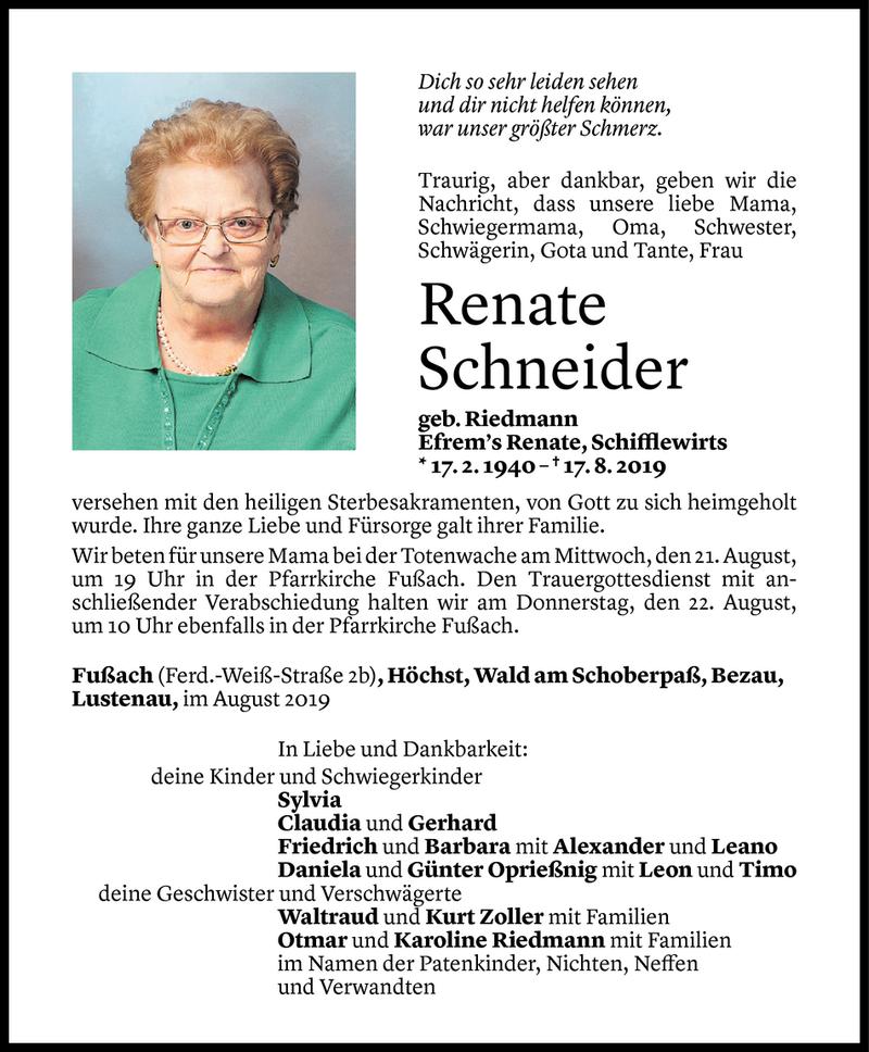  Todesanzeige für Renate Schneider vom 18.08.2019 aus Vorarlberger Nachrichten