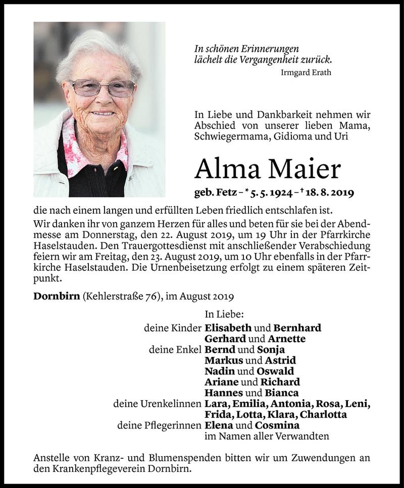  Todesanzeige für Alma Maier vom 20.08.2019 aus Vorarlberger Nachrichten