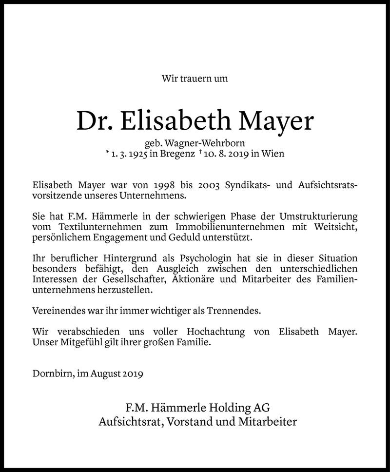  Todesanzeige für Elisabeth Mayer vom 20.08.2019 aus Vorarlberger Nachrichten