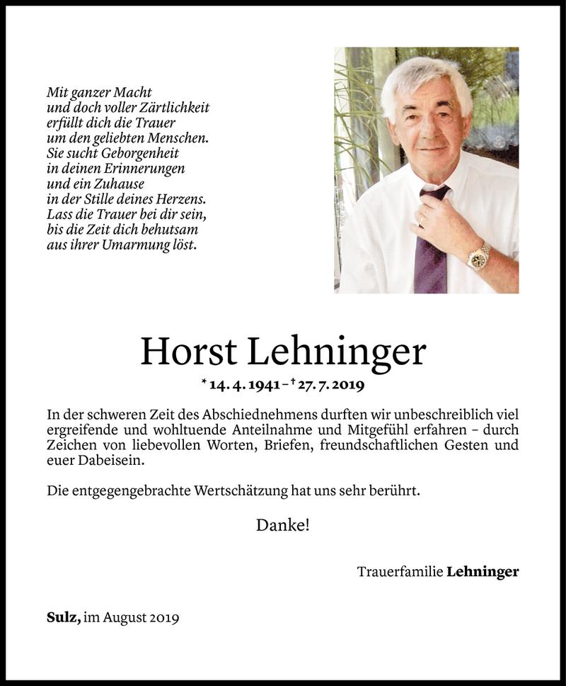 Todesanzeigen von Horst Lehninger | Todesanzeigen Vorarlberger Nachrichten