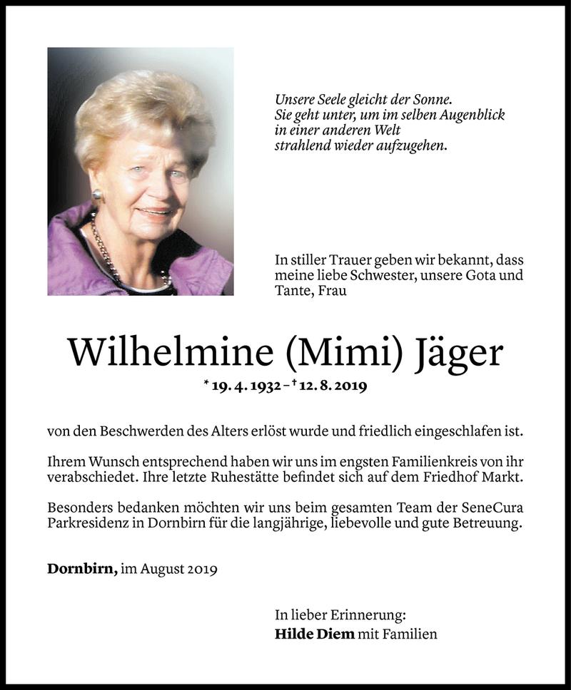  Todesanzeige für Wilhelmine Jäger vom 24.08.2019 aus Vorarlberger Nachrichten