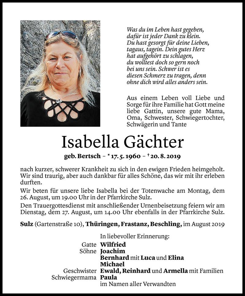  Todesanzeige für Isabella Gächter vom 23.08.2019 aus Vorarlberger Nachrichten