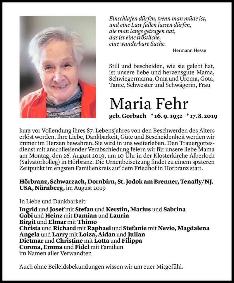  Todesanzeige für Maria Fehr vom 22.08.2019 aus Vorarlberger Nachrichten