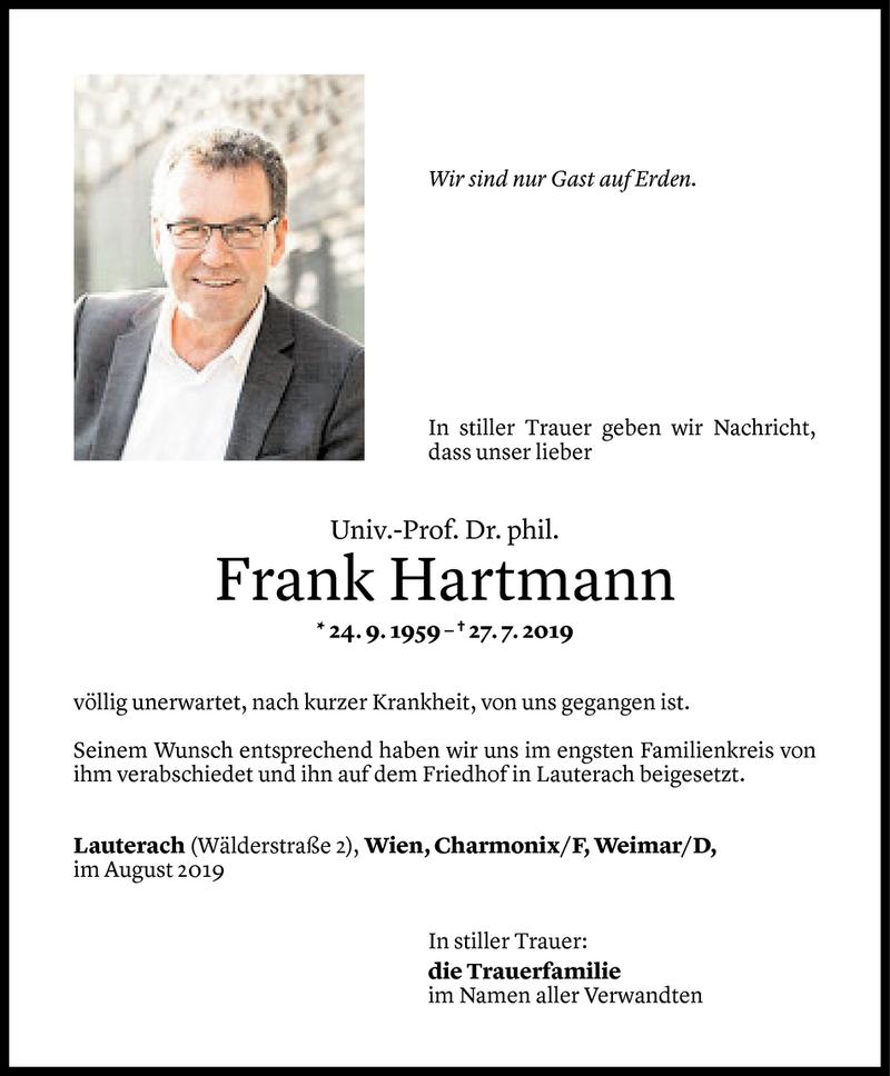  Todesanzeige für Frank Hartmann vom 31.08.2019 aus Vorarlberger Nachrichten