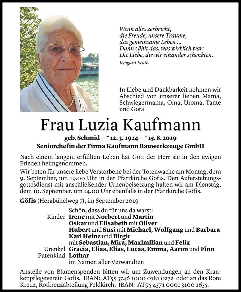  Todesanzeige für Luzia Kaufmann vom 04.09.2019 aus Vorarlberger Nachrichten