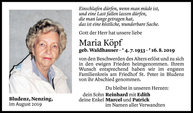  Todesanzeige für Maria Köpf vom 24.08.2019 aus Vorarlberger Nachrichten