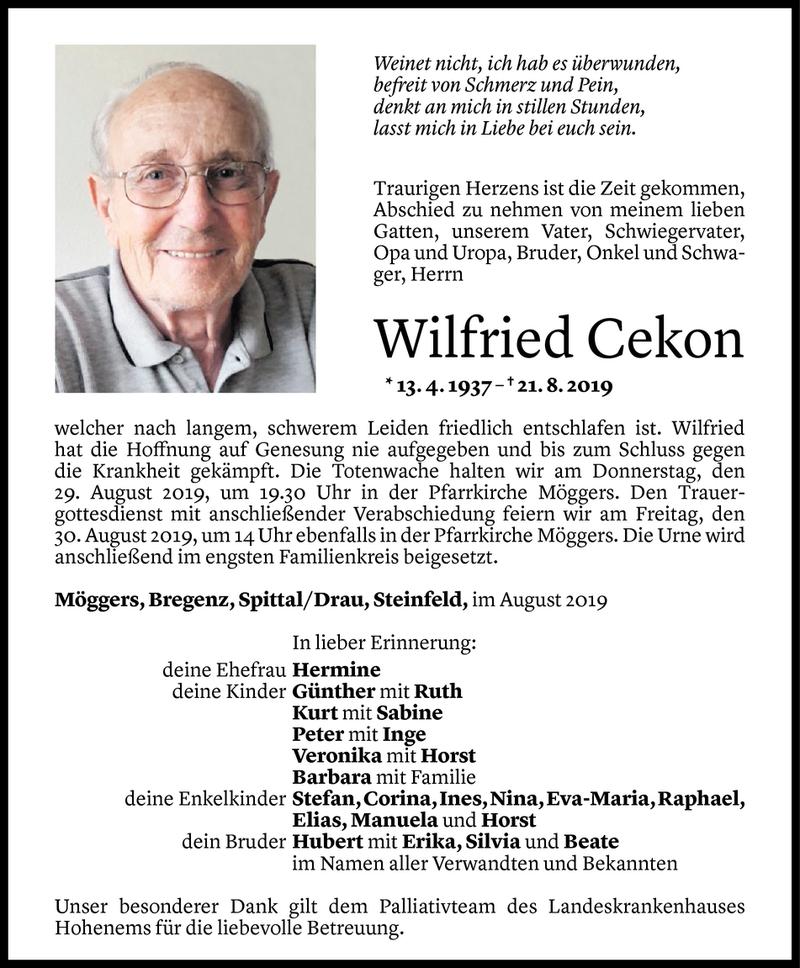  Todesanzeige für Wilfried Cekon vom 26.08.2019 aus Vorarlberger Nachrichten
