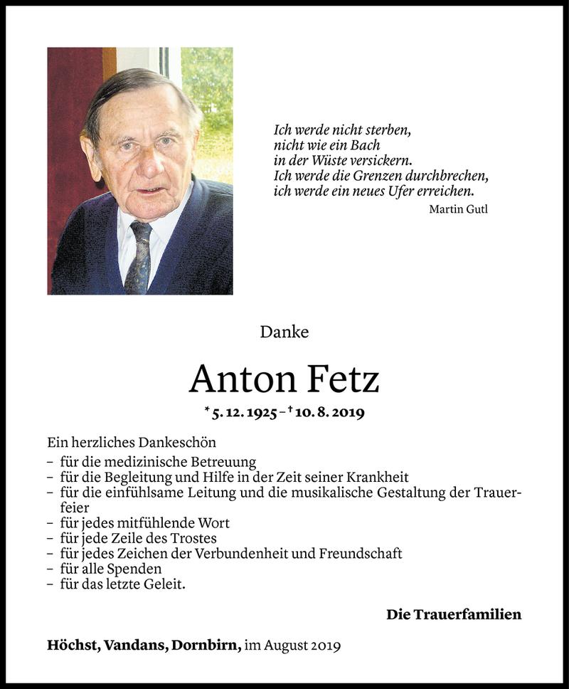  Todesanzeige für Anton Fetz vom 26.08.2019 aus Vorarlberger Nachrichten