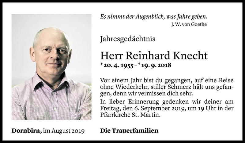  Todesanzeige für Reinhard Knecht vom 30.08.2019 aus Vorarlberger Nachrichten