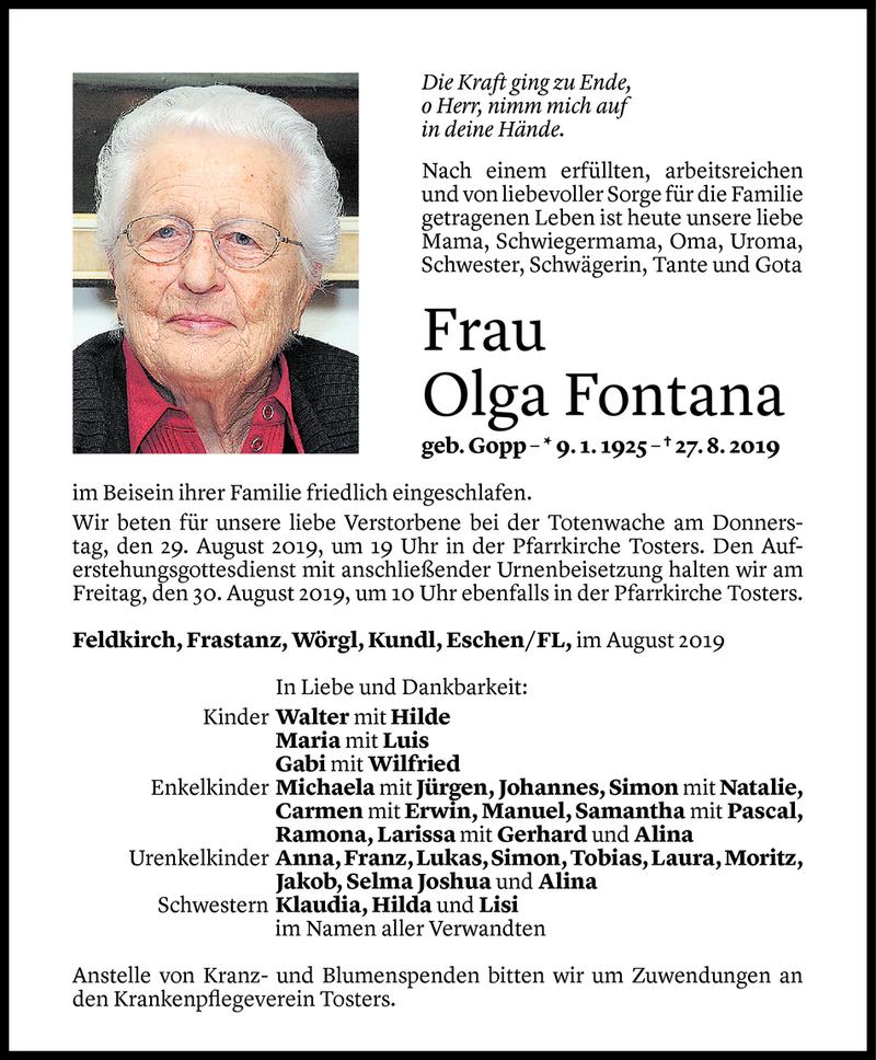  Todesanzeige für Olga Fontana vom 27.08.2019 aus Vorarlberger Nachrichten