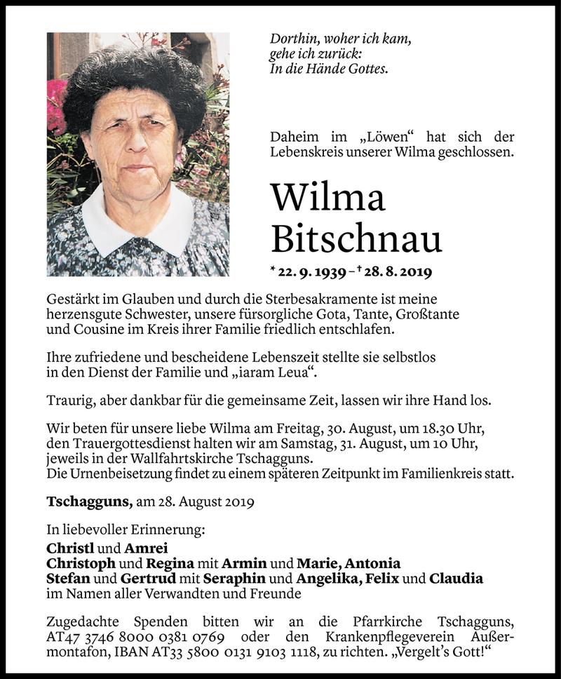  Todesanzeige für Wilma Bitschnau vom 29.08.2019 aus Vorarlberger Nachrichten