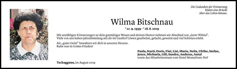  Todesanzeige für Wilma Bitschnau vom 29.08.2019 aus Vorarlberger Nachrichten