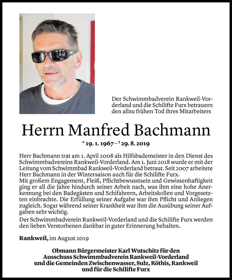  Todesanzeige für Manfred Bachmann vom 30.08.2019 aus Vorarlberger Nachrichten