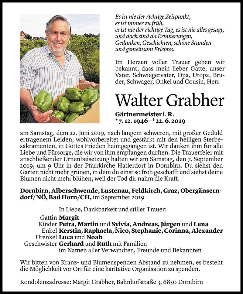  Todesanzeige für Walter Grabher vom 04.09.2019 aus Vorarlberger Nachrichten