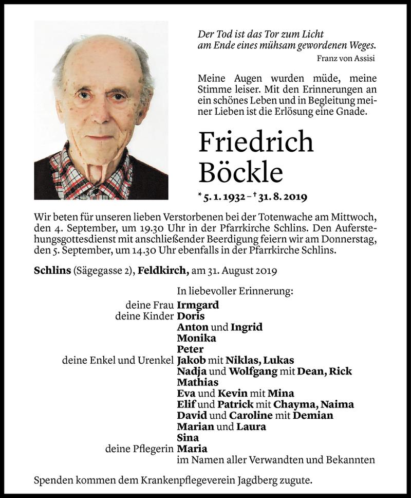  Todesanzeige für Friedrich Böckle vom 02.09.2019 aus Vorarlberger Nachrichten