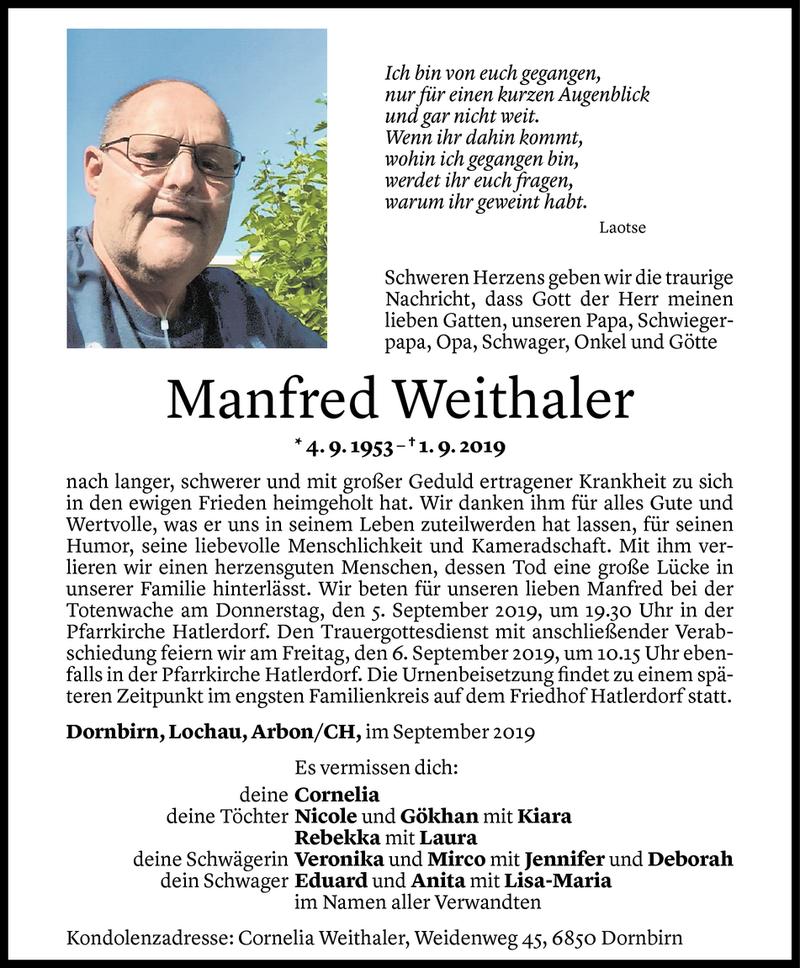  Todesanzeige für Manfred Weithaler vom 03.09.2019 aus Vorarlberger Nachrichten