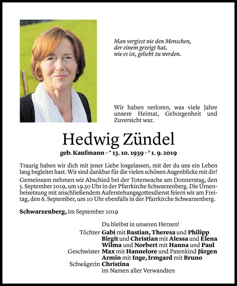  Todesanzeige für Hedwig Zündel vom 03.09.2019 aus Vorarlberger Nachrichten
