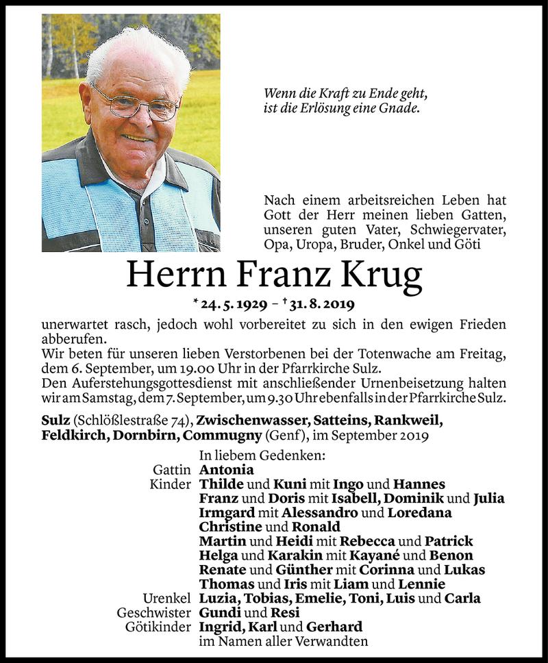  Todesanzeige für Franz Krug vom 04.09.2019 aus Vorarlberger Nachrichten