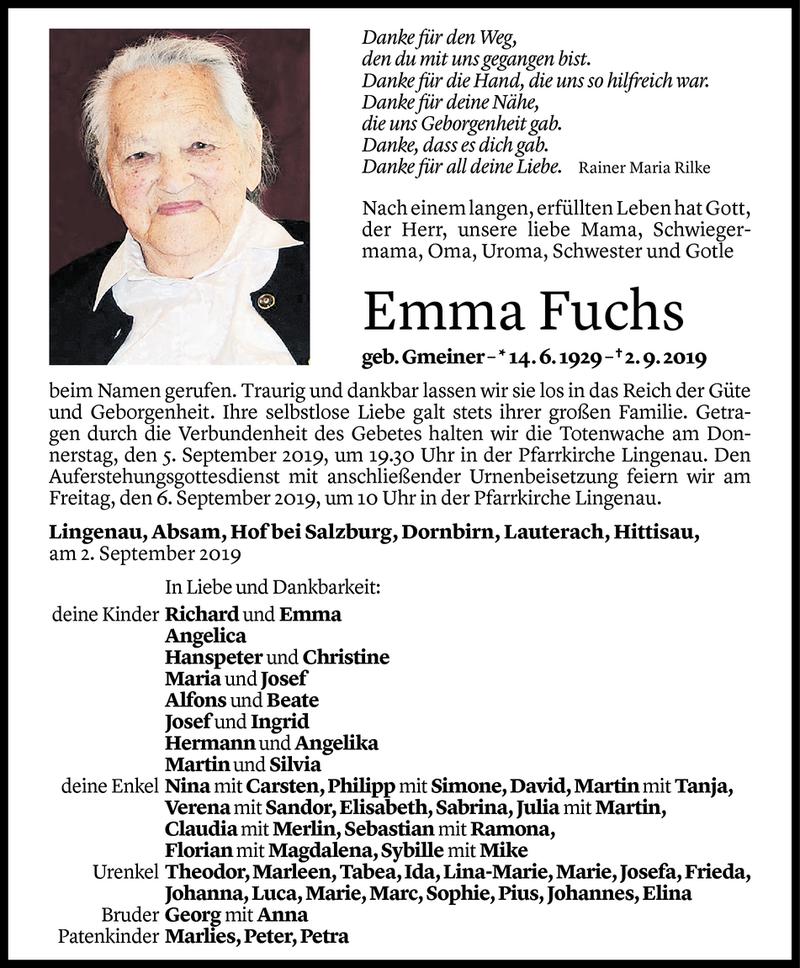  Todesanzeige für Emma Fuchs vom 03.09.2019 aus Vorarlberger Nachrichten