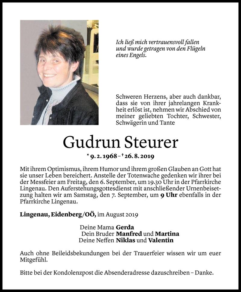  Todesanzeige für Gudrun Steurer vom 04.09.2019 aus Vorarlberger Nachrichten
