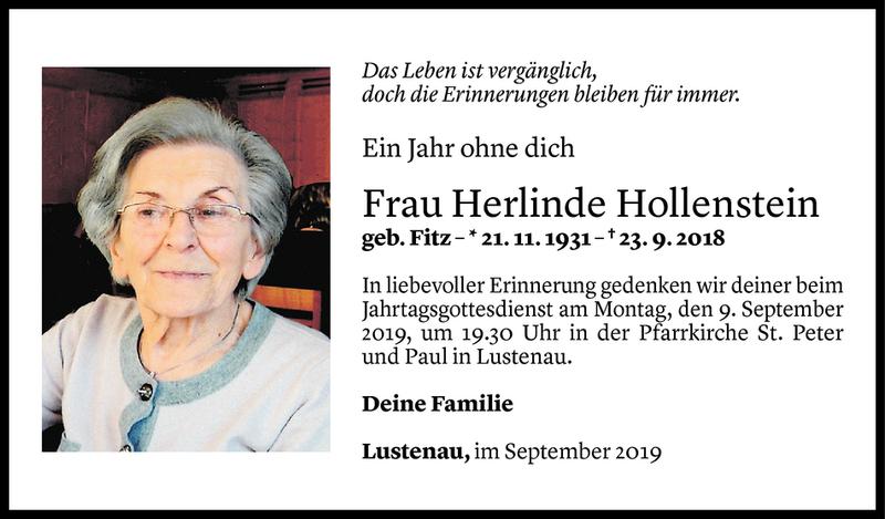  Todesanzeige für Herlinde Hollenstein vom 05.09.2019 aus Vorarlberger Nachrichten