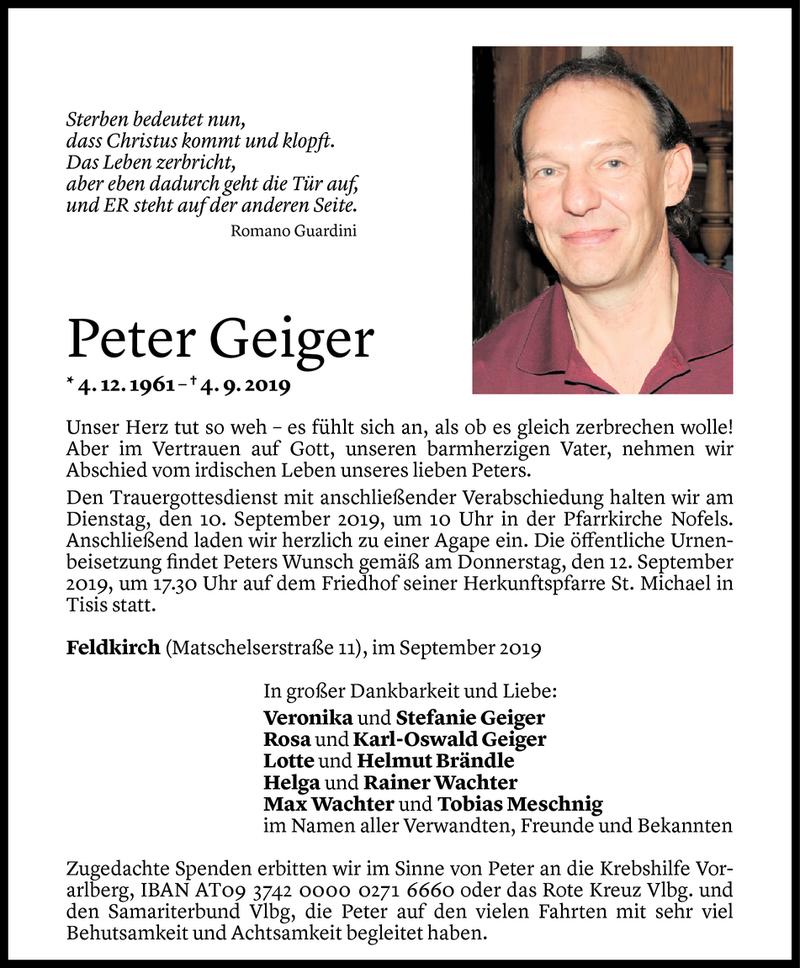  Todesanzeige für Peter Geiger vom 06.09.2019 aus Vorarlberger Nachrichten