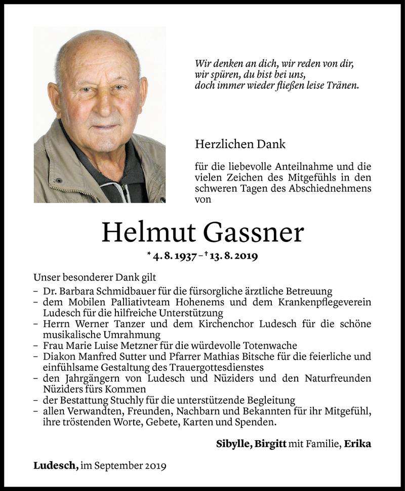  Todesanzeige für Helmut Gassner vom 13.09.2019 aus Vorarlberger Nachrichten