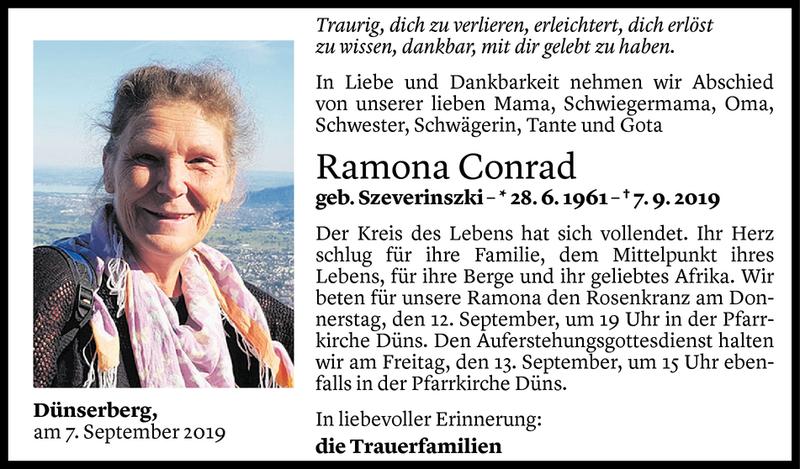  Todesanzeige für Ramona Conrad vom 10.09.2019 aus Vorarlberger Nachrichten