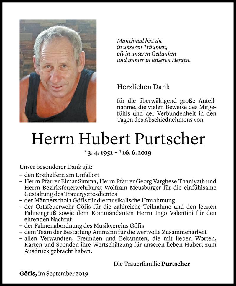  Todesanzeige für Hubert Purtscher vom 13.09.2019 aus Vorarlberger Nachrichten