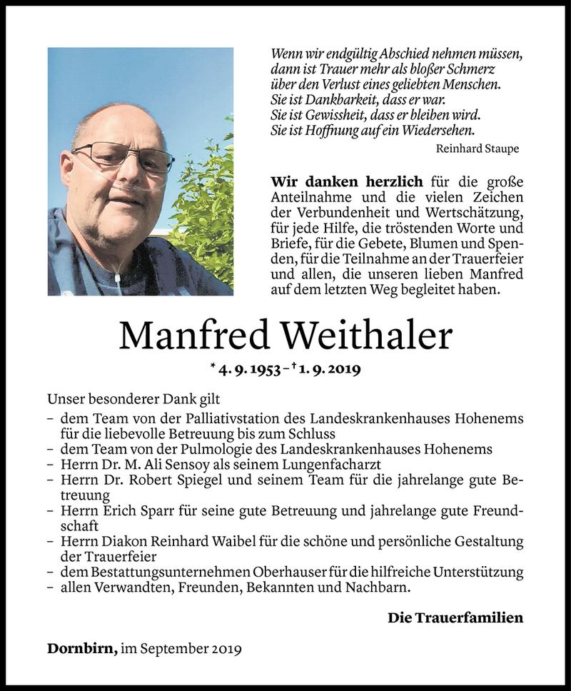  Todesanzeige für Manfred Weithaler vom 12.09.2019 aus Vorarlberger Nachrichten
