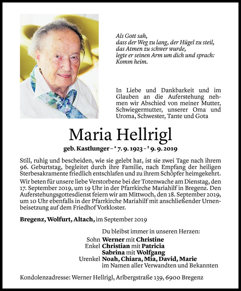  Todesanzeige für Maria Hellrigl vom 12.09.2019 aus Vorarlberger Nachrichten