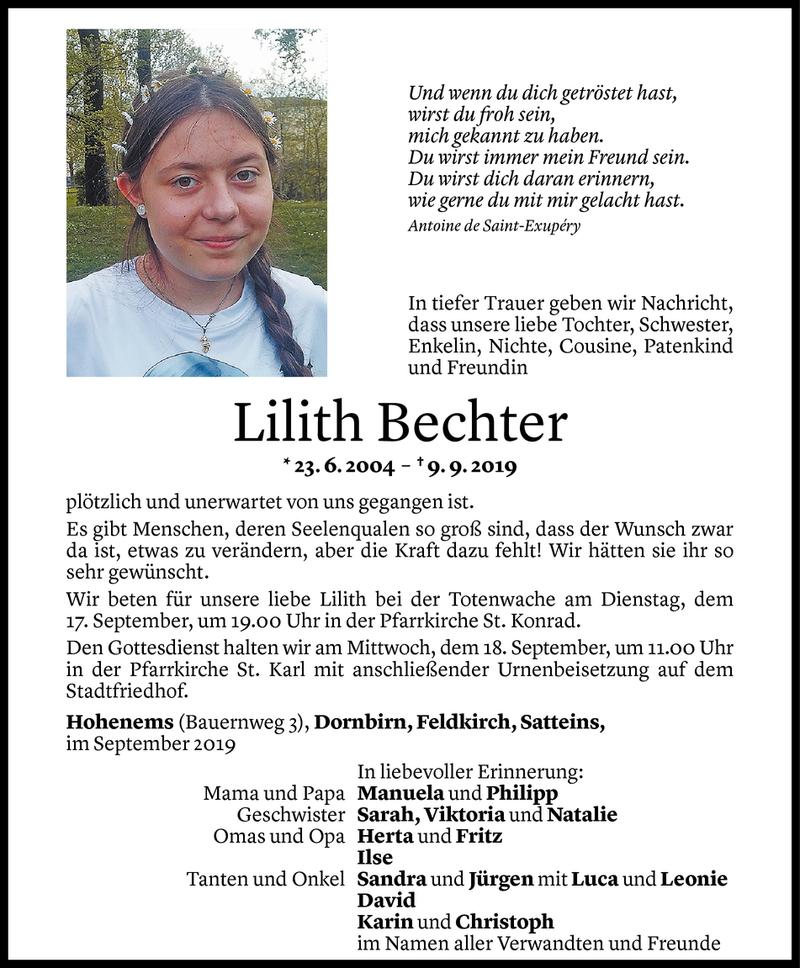  Todesanzeige für Lilith Bechter vom 13.09.2019 aus Vorarlberger Nachrichten