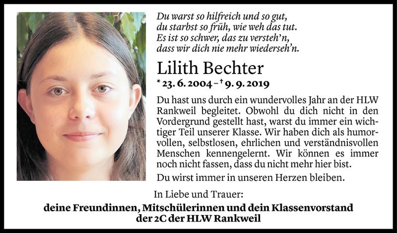  Todesanzeige für Lilith Bechter vom 13.09.2019 aus Vorarlberger Nachrichten