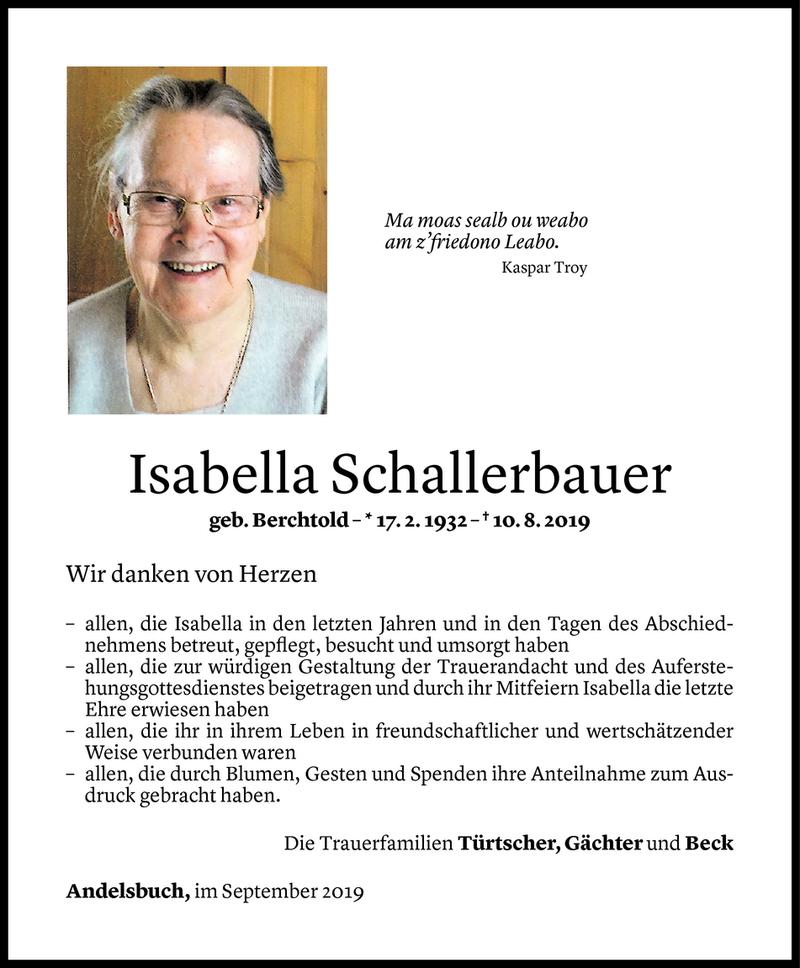  Todesanzeige für Isabella Schallerbauer vom 12.09.2019 aus Vorarlberger Nachrichten