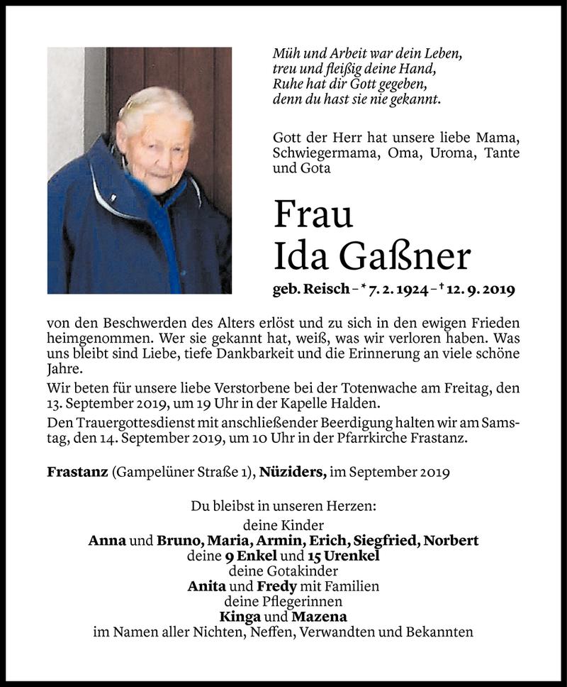 Todesanzeige für Ida Gaßner vom 12.09.2019 aus Vorarlberger Nachrichten