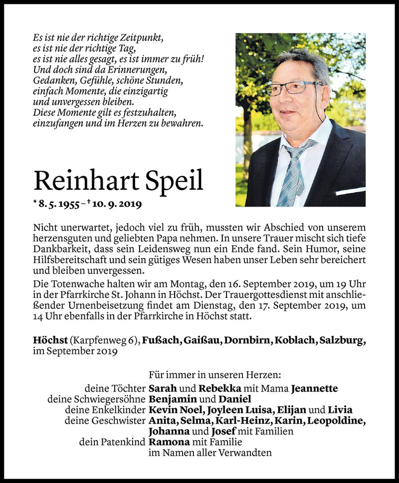  Todesanzeige für Reinhart Speil vom 13.09.2019 aus Vorarlberger Nachrichten