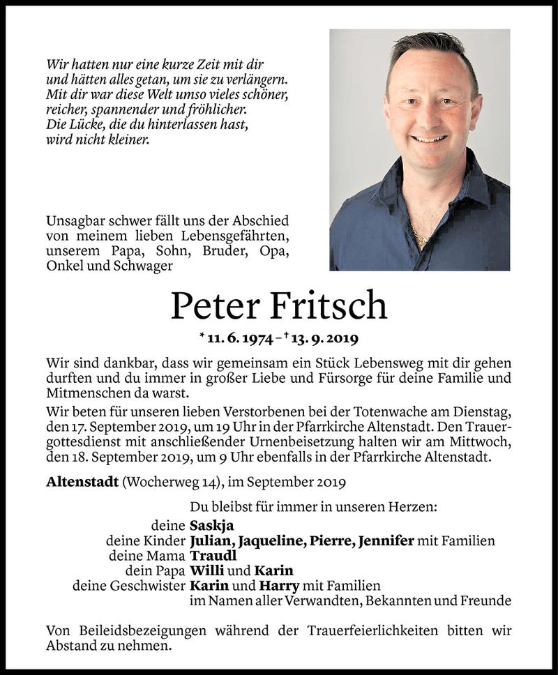  Todesanzeige für Peter Fritsch vom 15.09.2019 aus Vorarlberger Nachrichten