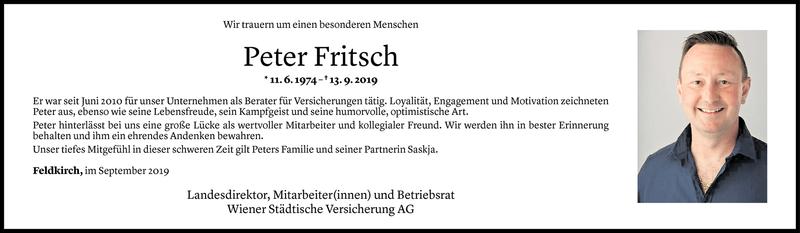  Todesanzeige für Peter Fritsch vom 15.09.2019 aus Vorarlberger Nachrichten