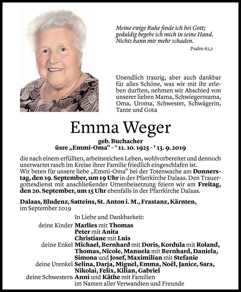  Todesanzeige für Emma Weger vom 16.09.2019 aus Vorarlberger Nachrichten