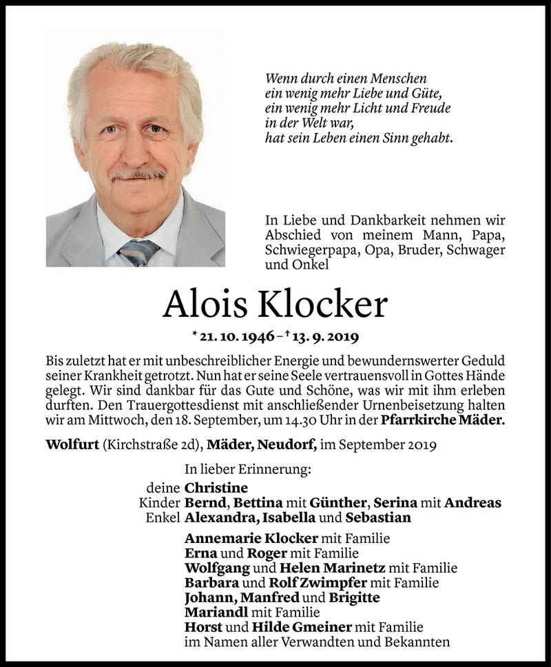  Todesanzeige für Alois Klocker vom 15.09.2019 aus Vorarlberger Nachrichten