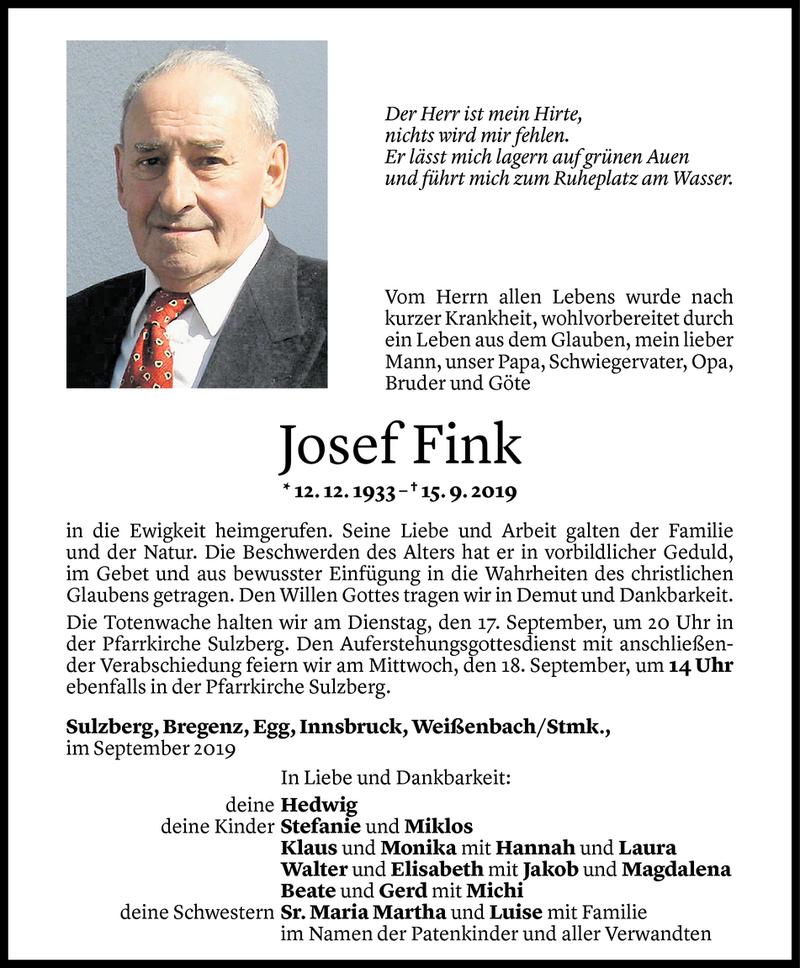  Todesanzeige für Josef Fink vom 16.09.2019 aus Vorarlberger Nachrichten
