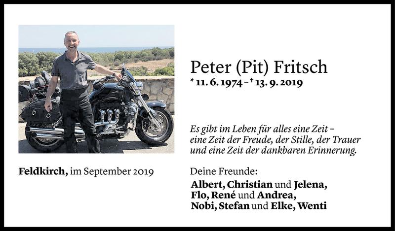  Todesanzeige für Peter Fritsch vom 16.09.2019 aus Vorarlberger Nachrichten