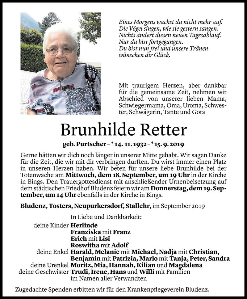  Todesanzeige für Brunhilde Retter vom 17.09.2019 aus Vorarlberger Nachrichten